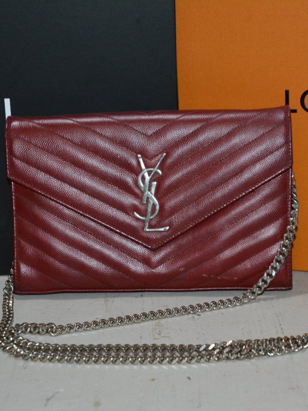 YSL Signature Cassandre Wallet in Red with Silver Chain